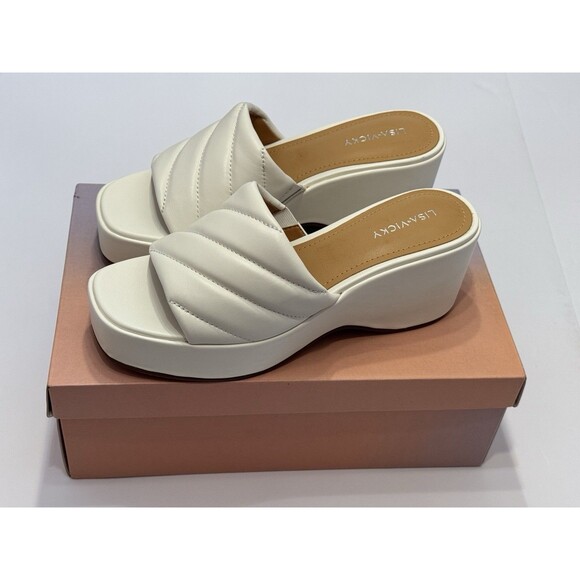 Lisa Vicky Lead-V White Sheep Nappa  Leather Open Toe Heels Size 9 M NEW - Picture 1 of 12